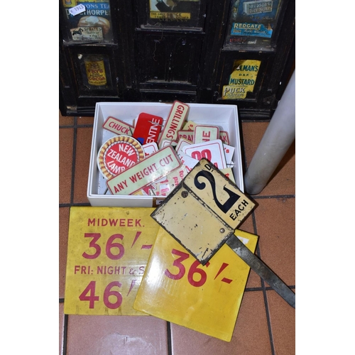 458 - A BOX CONTAINING BUTCHERS SPIKED MEAT LABELS AND PRICES, together with three painted metal price lab... 