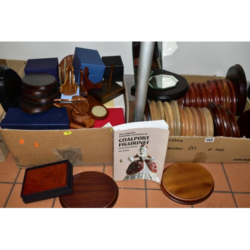 459 - TWO BOXES OF WOODEN DISPLAY STANDS, PLATE STANDS, EMPTY CARD BOXES, ETC, including a Charlton Standa... 