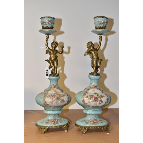 460 - A PAIR OF REPRODUCTION TURQUOISE PORCELAIN AND BRASS FIGURAL CANDLEHOLDERS OF LATE 19TH CENTURY STYL... 