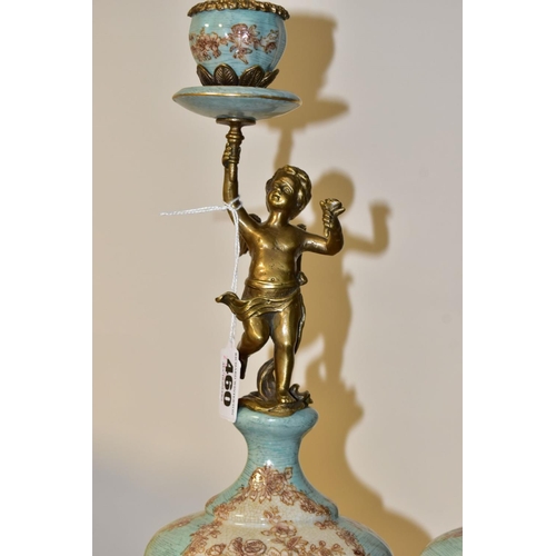 460 - A PAIR OF REPRODUCTION TURQUOISE PORCELAIN AND BRASS FIGURAL CANDLEHOLDERS OF LATE 19TH CENTURY STYL... 