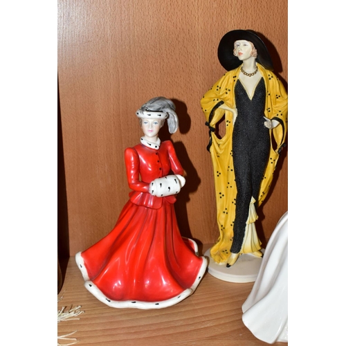 466 - SEVEN ROYAL DOULTON AND COALPORT LADY FIGURES, the Royal Doulton comprising Diana HN2468 mounted on ... 