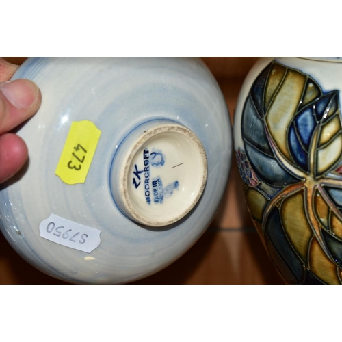 473 - TWO PIECES OF MOORCROFT SECONDS DECORATED IN A BRAMBLE PATTERN, comprising a ginger jar and cover, p... 