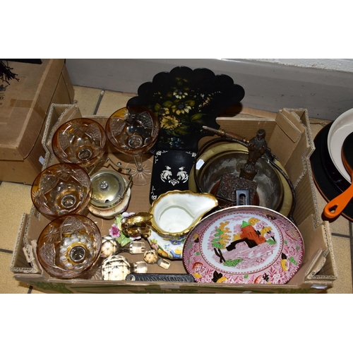 488 - A BOX OF CERAMICS, GLASSWARE, METALWARE, PAPIER MACHE, ETC, including a rolled film poster for 'Ruby... 