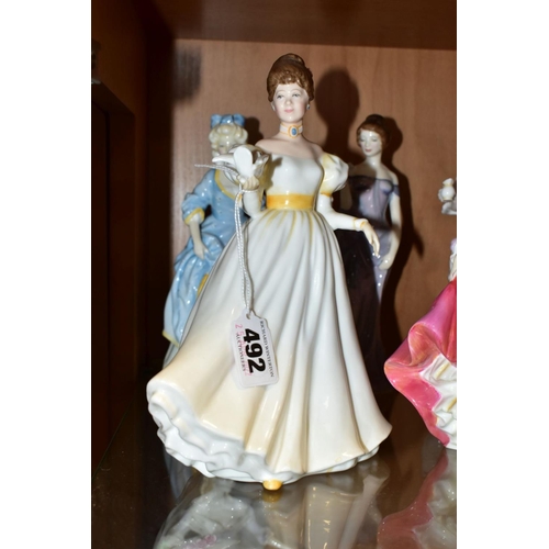 492 - FIVE ROYAL DOULTON LADY FIGURES, comprising 'Kathleen' HN3609, 'Christine' HN3767, 'Harmony' HN2824,... 