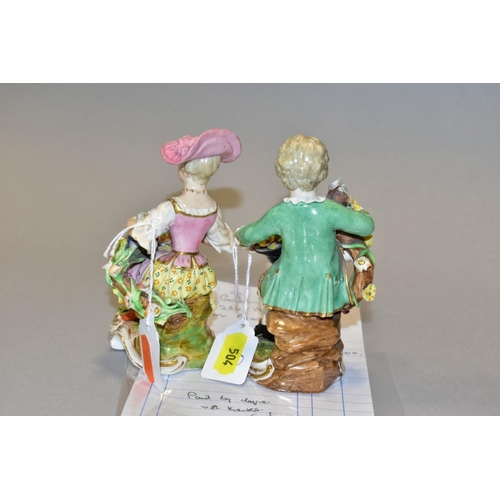 504 - A PAIR OF LATE 18TH / EARLY 19TH CENTURY DERBY PORCELAIN FIGURES OF SEATED BOY AND GIRL GARDENERS, b... 