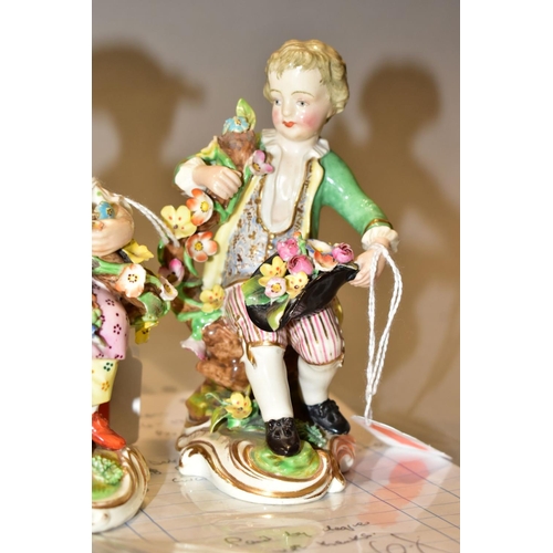 504 - A PAIR OF LATE 18TH / EARLY 19TH CENTURY DERBY PORCELAIN FIGURES OF SEATED BOY AND GIRL GARDENERS, b... 