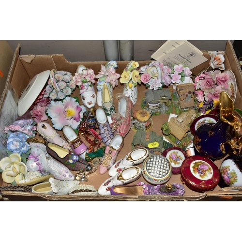 506 - TWO BOXES OF SMALL ORNAMENTS, CUPS AND SAUCERS, HALCYON DAYS ENAMEL BOXES, ETC, including a Stevenso... 