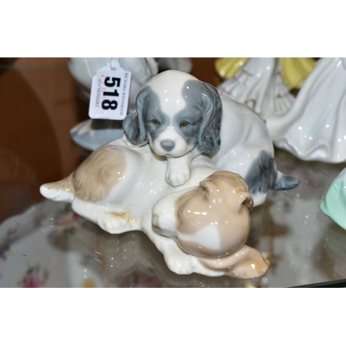 518 - THREE NAO ORNAMENTS, comprising a pigeon, height 21cm, a duck, height 14.5cm and a group of two pupp... 