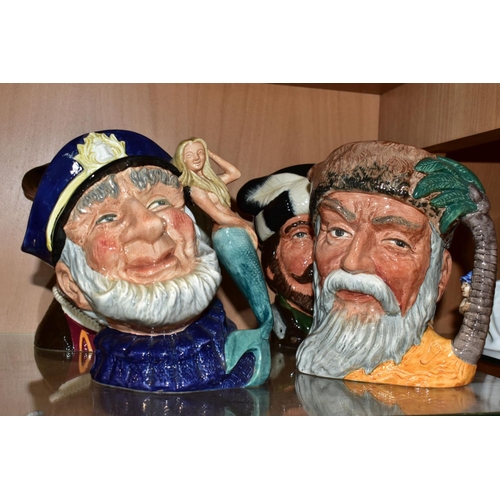 523 - FIVE ROYAL DOULTON LARGE CHARACTER JUGS, comprising 'Mad Hatter' D6598, 'Old Salt' D6551, 'Robinson ... 