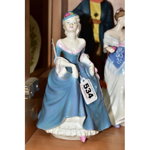 534 - FOUR ROYAL DOULTON, ROYAL WORCESTER AND COALPORT LADY / GIRL FIGURES, comprising a resin Royal Doult... 