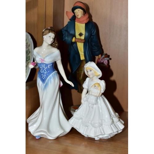 534 - FOUR ROYAL DOULTON, ROYAL WORCESTER AND COALPORT LADY / GIRL FIGURES, comprising a resin Royal Doult... 