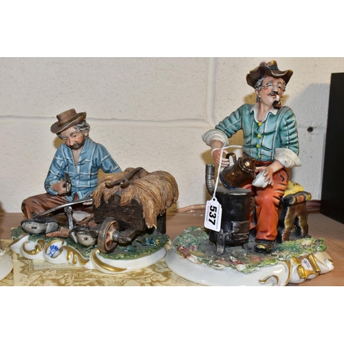 537 - FOUR CAPODIMONTE FIGURE GROUPS, comprising a man brewing coffee on a stove, a farm worker fixing too... 