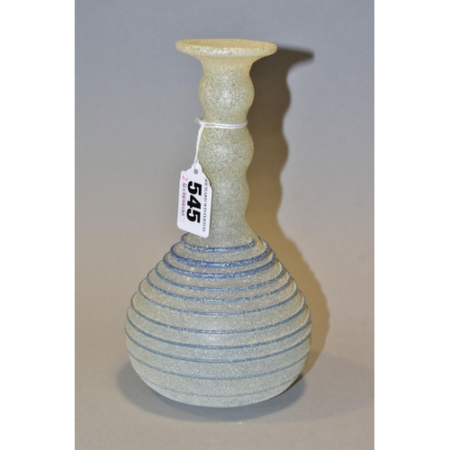 545 - A ROMAN STYLE ONION SHAPED GLASS VASE, the textured opaque ground with a bobbin shaped neck above a ... 