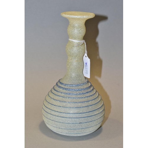 545 - A ROMAN STYLE ONION SHAPED GLASS VASE, the textured opaque ground with a bobbin shaped neck above a ... 