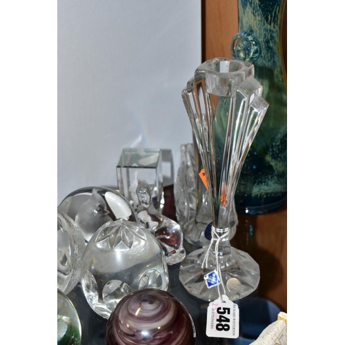 548 - TWELVE ITEMS OF MODERN GLASSWARE, including a Mdina blue and yellow carafe, a Tutbury Crystal swan, ... 