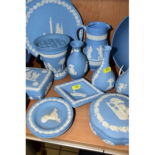 552 - SEVENTEEN PIECES OF WEDGWOOD JASPERWARE, mostly pale blue, includes a dark blue plate, diameter 20.5... 