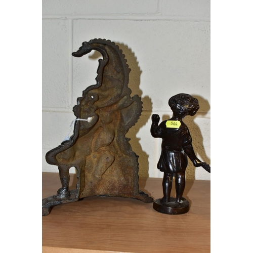 564 - A 20TH CENTURY BRONZE FIGURE OF A PUTTI AND A CAST IRON MR PUNCH DOORSTOP, the bronze cast wearing a... 