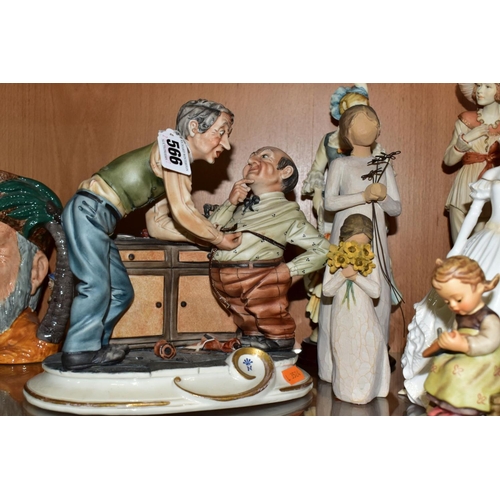 566 - NINE CERAMIC AND RESIN FIGURINES, comprising a Capodimonte porcelain figure group of a tailor and hi... 