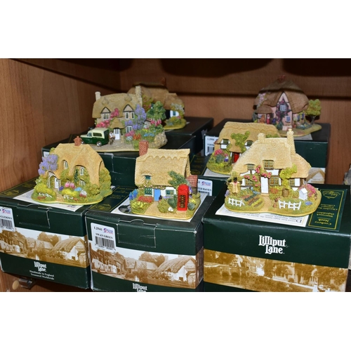 568 - TWENTY ONE LILLIPUT LANE SCULPTURES, eight boxed where mentioned, comprising seven Victorian Shops, ... 