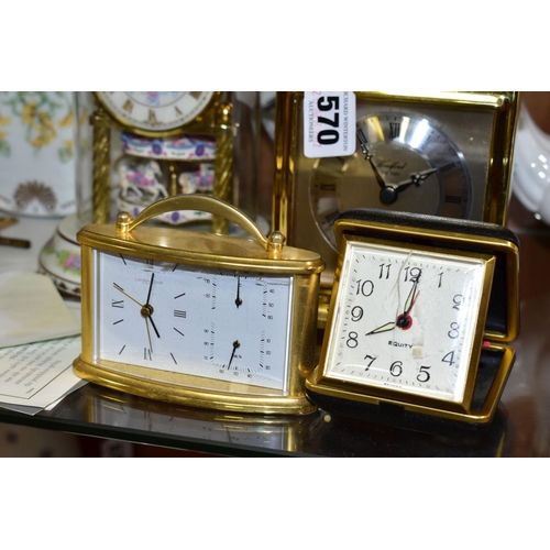 570 - SEVEN ASSORTED MANTEL, DESK AND TRAVEL CLOCKS, comprising a quartz Woodford brass finish mantel cloc... 