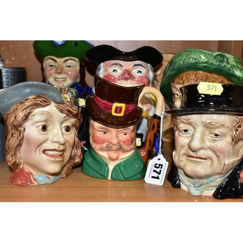 571 - EIGHT ASSORTED CERAMIC TOBY AND CHARACTER JUGS, including Royal Doulton large ' 'arriet' D6208 and '... 