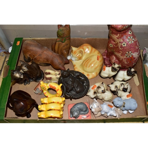 574 - A BOX AND LOOSE OF CAT ORNAMENTS, including Beswick and Royal Doulton seal point cats, model numbers... 