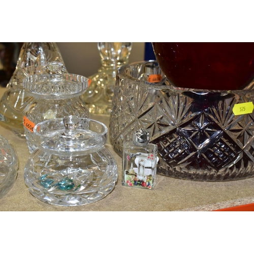 575 - A GROUP OF GLASSWARES, to include a Royal Doulton crystal ships decanter, a pressed glass five branc... 