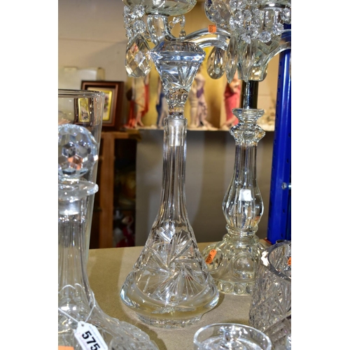 575 - A GROUP OF GLASSWARES, to include a Royal Doulton crystal ships decanter, a pressed glass five branc... 