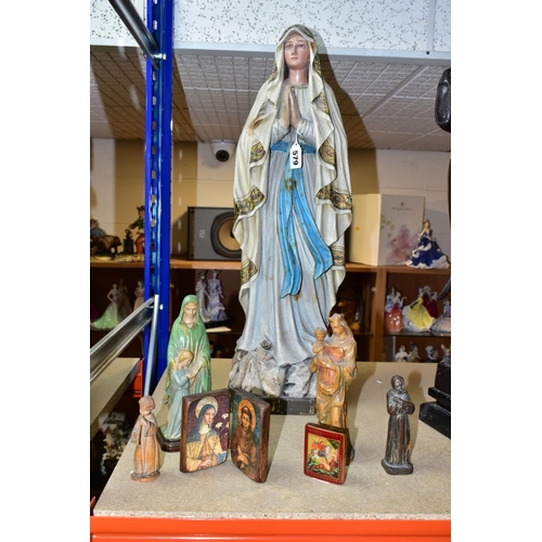 579 - A GROUP OF CHRISTIAN RELIGIOUS STATUES AND ICONS, to include a carved wooden statue of Our Lady of L... 