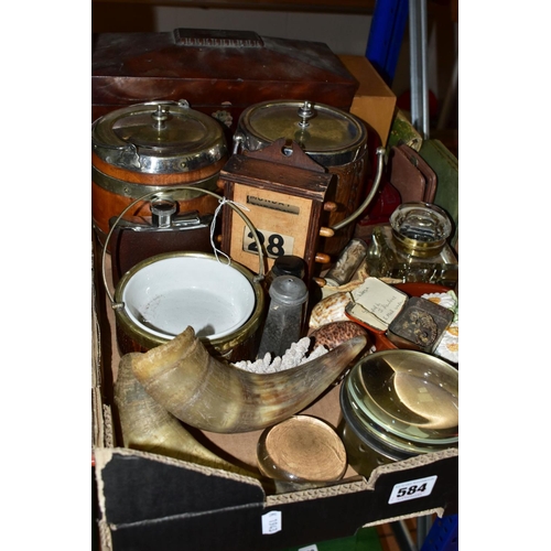 584 - A BOX OF TREEN, ASSORTED NATURAL AND VINTAGE ITEMS, to include a large tea caddy of sarcophagus form... 