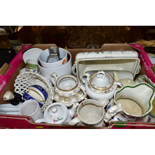 586 - FOUR BOXES AND LOOSE CERAMICS, GLASS, METALWARES, ORIENTAL AND SUNDRY ITEMS, to include a Spode Blue... 