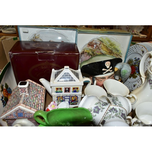 587 - TWO BOXES AND LOOSE CERAMICS, GLASS AND METALWARES, to include a Wade Queen Victoria pub teapot, a b... 