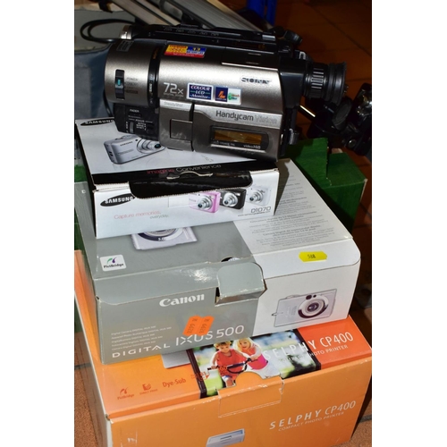 588 - A BOX AND LOOSE CAMERAS AND PHOTOGRAPHIC EQUIPMENT, to include a boxed Canon Digital IXUS 500 camera... 