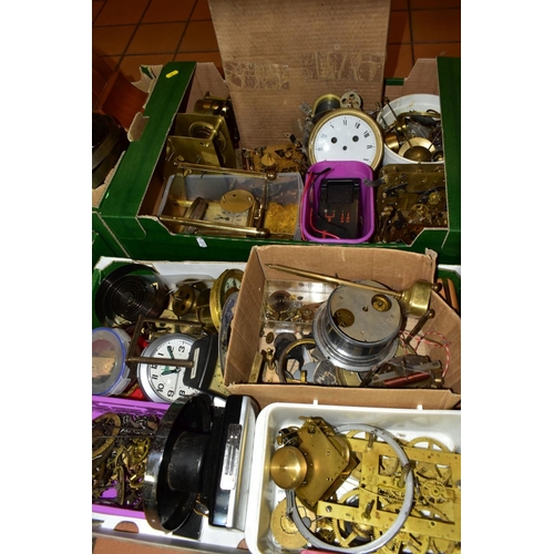 589 - FOUR BOXES OF CLOCK PARTS, to include clock movements, gears, dials, faces, bezels, glass, pendulum,... 