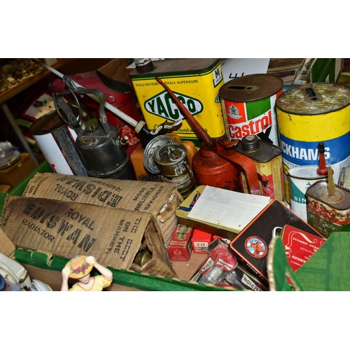 598 - A BOX OF VINTAGE OIL CANS, AUTOMOBILIA AND SUNDRY ITEMS, to include an Esso oil jug, Castrol GTX, We... 