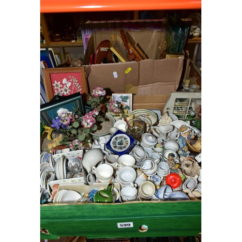 599 - THREE BOXES OF MINIATURE CERAMICS, SMALL PICTURE FRAMES, ORNAMENTS AND SUNDRY ITEMS, to include a co... 