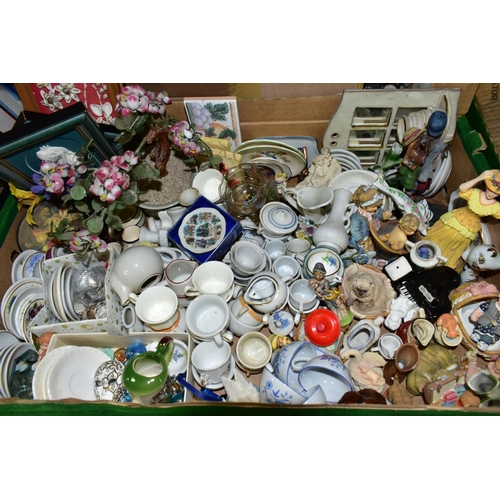 599 - THREE BOXES OF MINIATURE CERAMICS, SMALL PICTURE FRAMES, ORNAMENTS AND SUNDRY ITEMS, to include a co... 