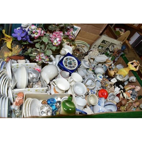 599 - THREE BOXES OF MINIATURE CERAMICS, SMALL PICTURE FRAMES, ORNAMENTS AND SUNDRY ITEMS, to include a co... 