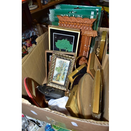 599 - THREE BOXES OF MINIATURE CERAMICS, SMALL PICTURE FRAMES, ORNAMENTS AND SUNDRY ITEMS, to include a co... 