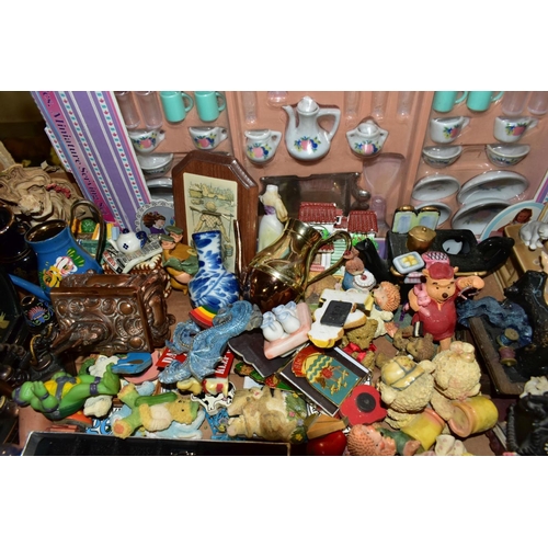 599 - THREE BOXES OF MINIATURE CERAMICS, SMALL PICTURE FRAMES, ORNAMENTS AND SUNDRY ITEMS, to include a co... 