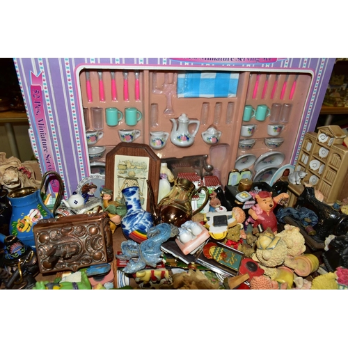 599 - THREE BOXES OF MINIATURE CERAMICS, SMALL PICTURE FRAMES, ORNAMENTS AND SUNDRY ITEMS, to include a co... 