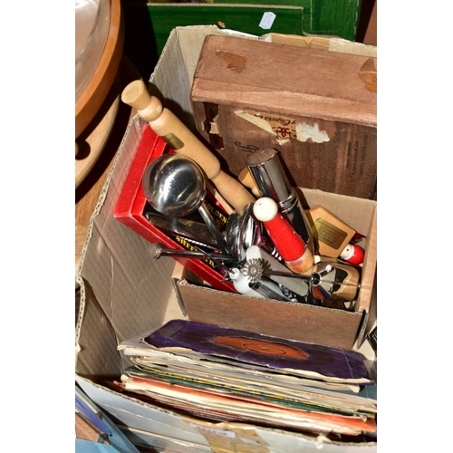 603 - TWO BOXES AND LOOSE RECORDS, SUITCASE, KITCHENALIA AND SUNDRY HOUSEHOLD ITEMS, to include a twentiet... 