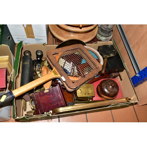 603 - TWO BOXES AND LOOSE RECORDS, SUITCASE, KITCHENALIA AND SUNDRY HOUSEHOLD ITEMS, to include a twentiet... 