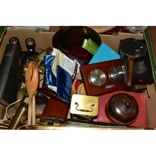 603 - TWO BOXES AND LOOSE RECORDS, SUITCASE, KITCHENALIA AND SUNDRY HOUSEHOLD ITEMS, to include a twentiet... 