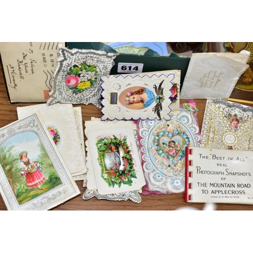 614 - A BOX OF EPHEMERA, to include a small collection of Victorian paper lace and similar greetings cards... 