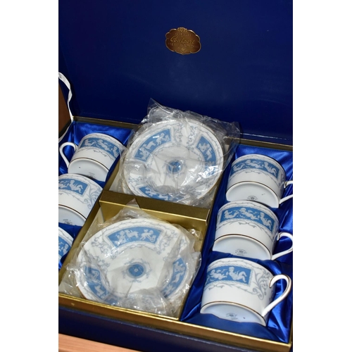 619 - A BOXED COALPORT REVELRY COFFEE SET, comprising six coffee cans and six saucers in a fitted box (set... 