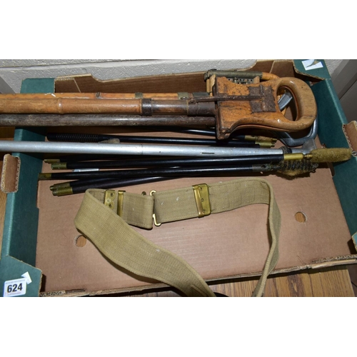 624 - A BOX OF SHOOTING RELATED ITEMS, to include three hardwood two part gun cleaning rods with fittings,... 