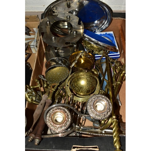 629 - FOUR BOXES OF METALWARES AND SUNDRY ITEMS, to include plated trays, candelabrum and other items, a s... 