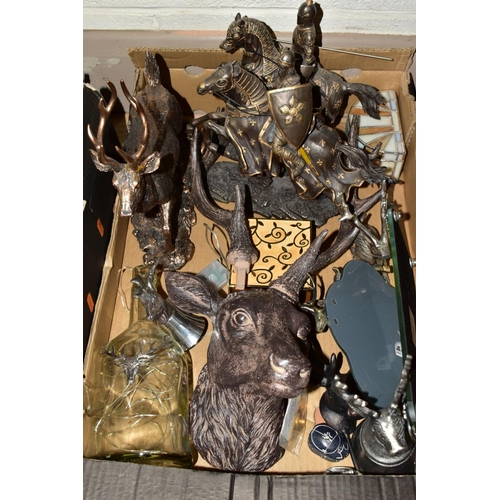 629 - FOUR BOXES OF METALWARES AND SUNDRY ITEMS, to include plated trays, candelabrum and other items, a s... 