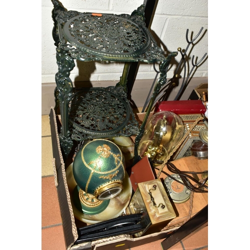 629 - FOUR BOXES OF METALWARES AND SUNDRY ITEMS, to include plated trays, candelabrum and other items, a s... 